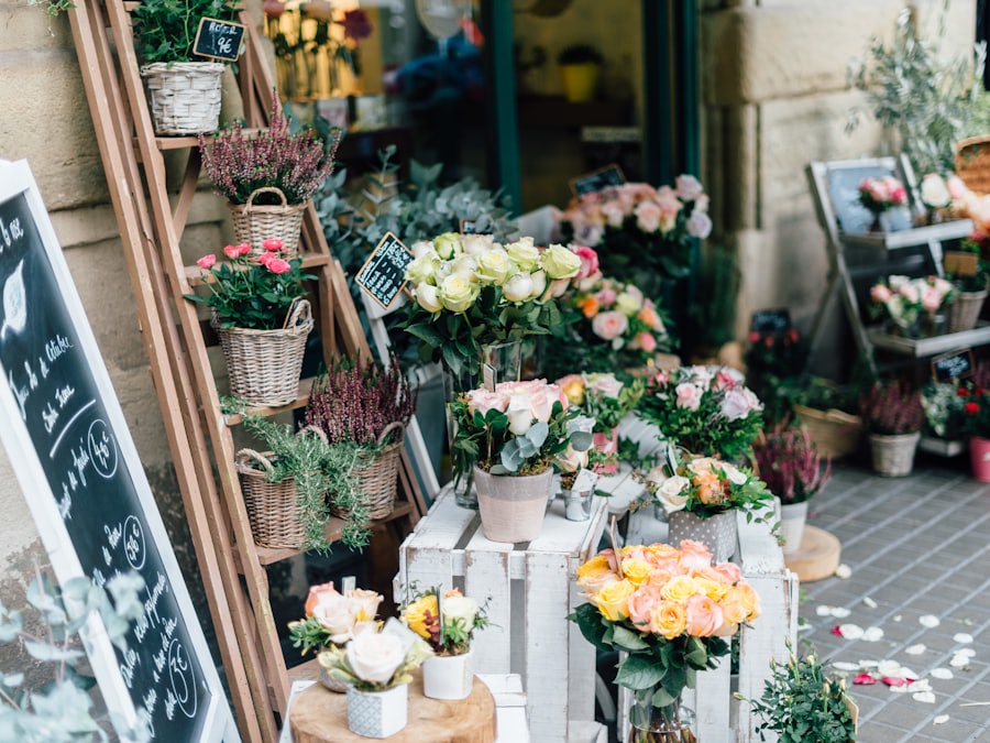 Buckets of cut flowers outside the Fleur de Rue florist shop