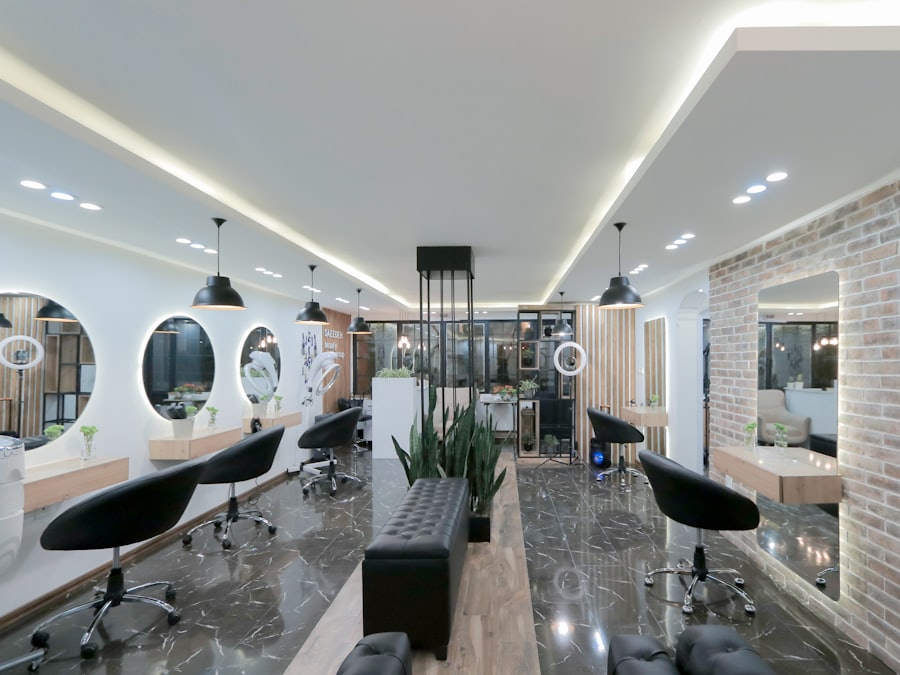Hair salon interior with mirrors on the Salon Verdant booking app