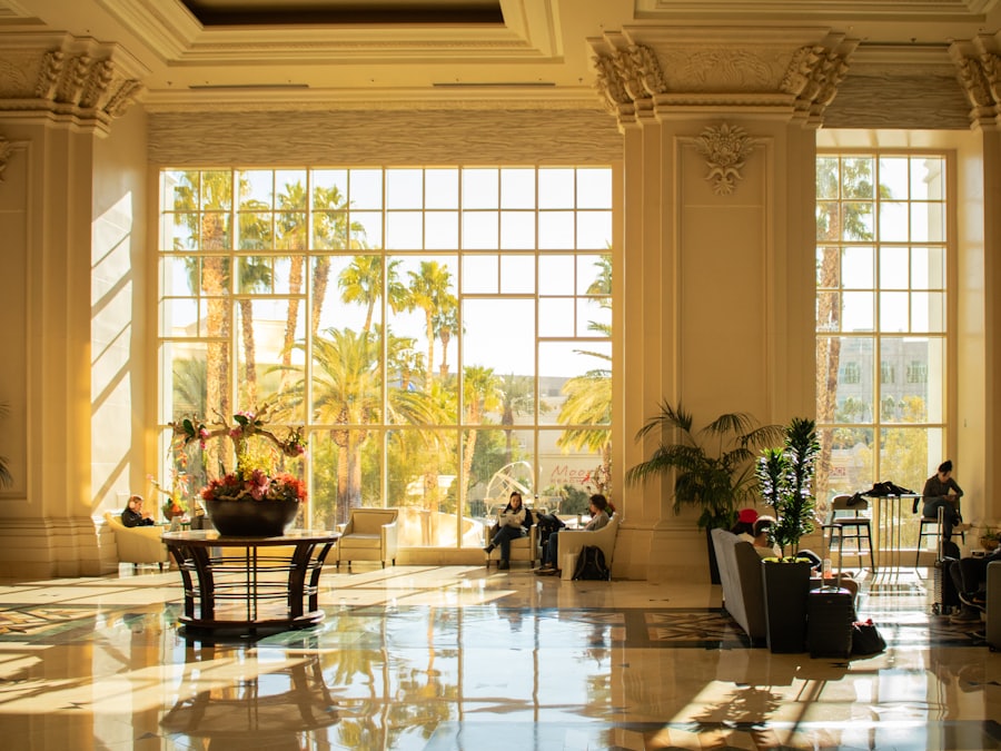 Sunlit hotel lobby featured on the Marloe House booking site